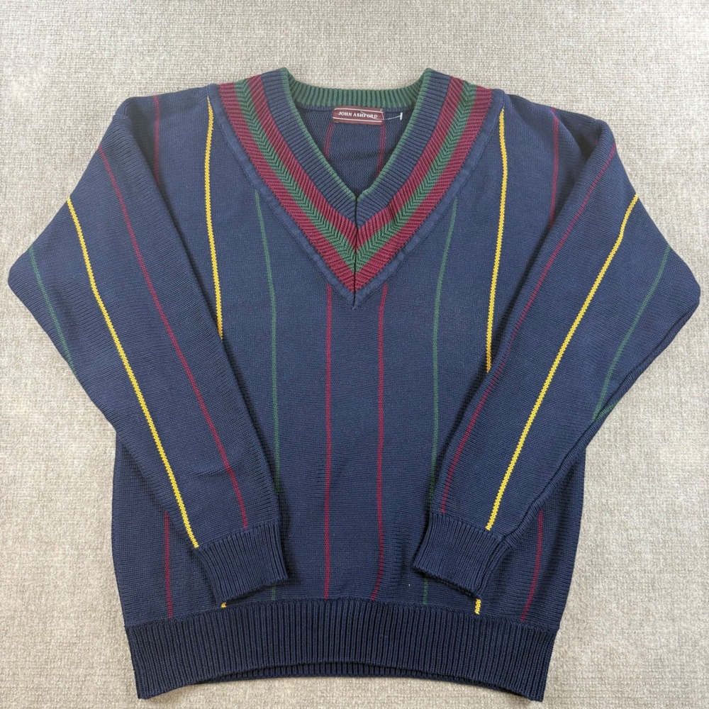 John Ashford Mens V-Neck Tennis Preppy Sweater Navy Blue Striped Vintage Large